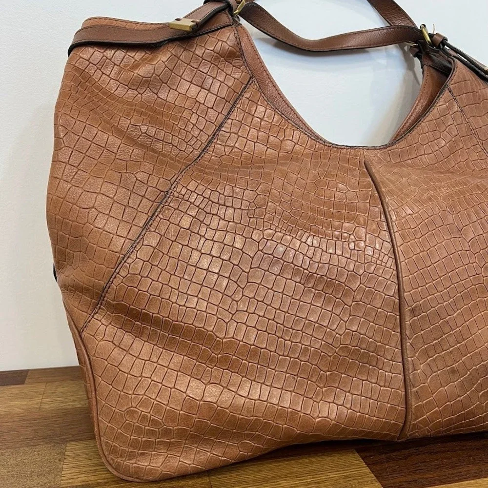 Tahari Crocodile Embossed Leather Hobo Bag Large Cognac Tote Gold Hardware Boho